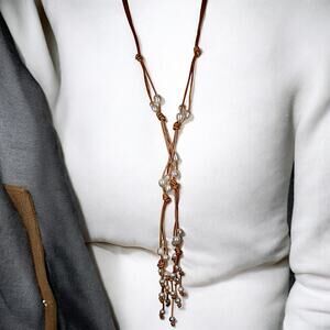 Long leather & genuine pearls boho - versatile necklace.  46" long!